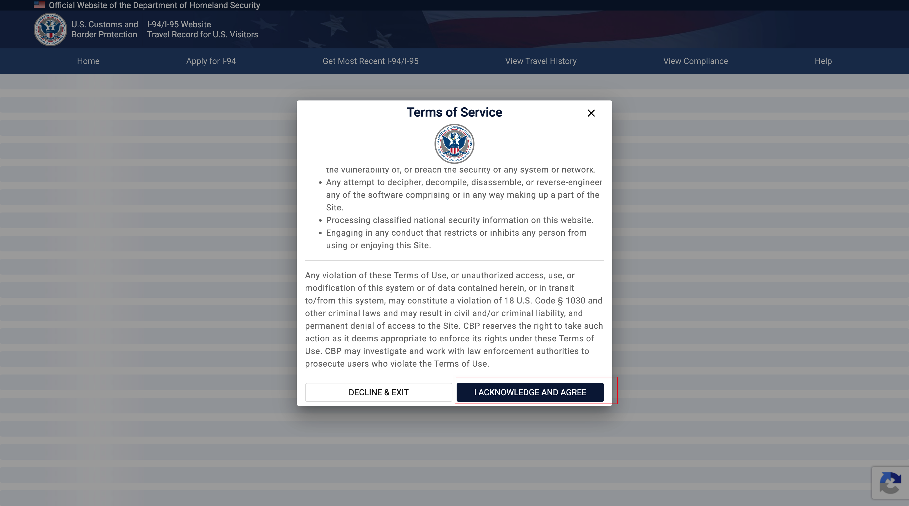 I-94 Travel History search page